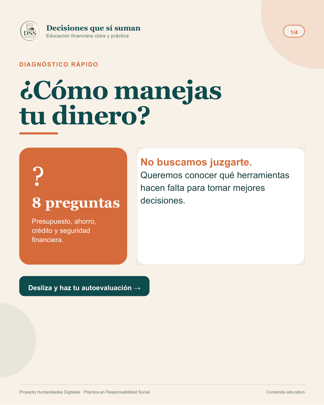 Primera página del carrusel “¿Cómo manejas tu dinero?” sobre un diagnóstico financiero rápido.