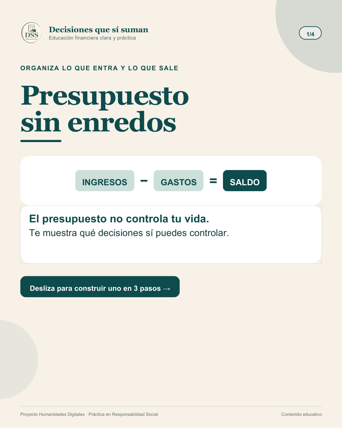 Primera página del carrusel “Presupuesto sin enredos” sobre organizar ingresos y gastos.