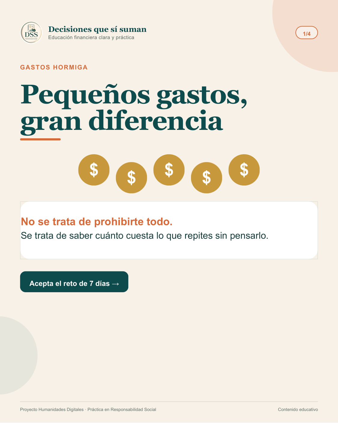 Primera página del carrusel “Pequeños gastos, gran diferencia” sobre gastos hormiga.
