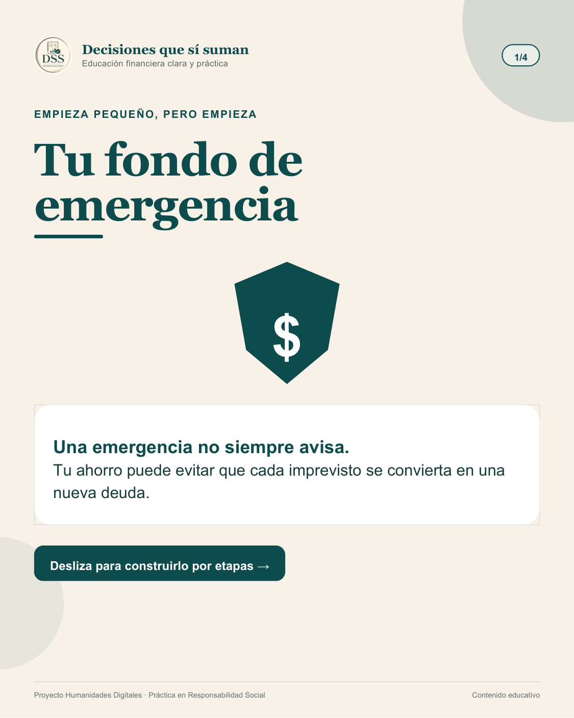 Primera página del carrusel “Tu fondo de emergencia” sobre ahorro para imprevistos.